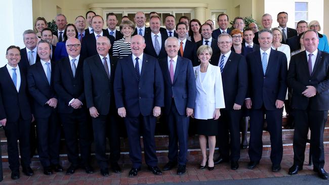 The Turnbull Ministry gathers for a class photo after being sworn in by Governor General Sir Peter Cosgrove at Government House in Canberra in 2015.