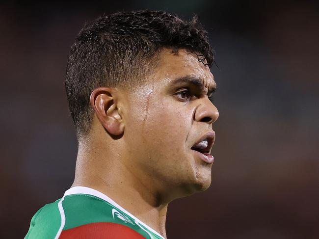 PENRITH, AUSTRALIA - MARCH 09: Latrell Mitchell of the Rabbitohs looks on during the round two NRL match between the Penrith Panthers and the South Sydney Rabbitohs at BlueBet Stadium on March 09, 2023 in Penrith, Australia. (Photo by Cameron Spencer/Getty Images)