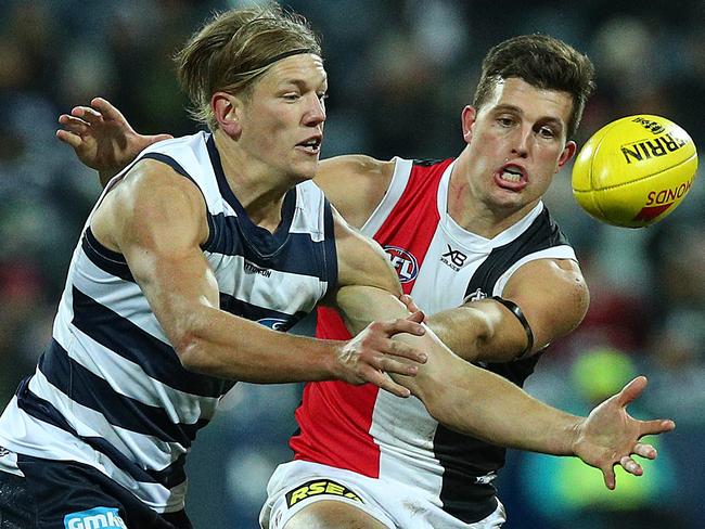 GEELONG, AUSTRALIA - JULY 13: Rhys Stanley of the Cats (L) in action during the round 17 AFL match between the Geelong Cats and the St Kilda Saints at GMHBA Stadium on July 13, 2019 in Geelong, Australia. (Photo by Graham Denholm/AFL Photos via Getty Images )