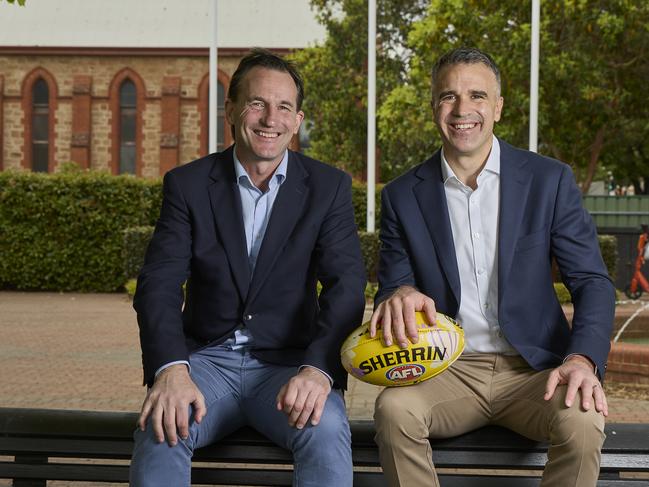 AFL CEO Andrew Dillon and South Australian Premier Peter Malinauskas outside Prospect Oval, launching the Gather Round fixture, in November. Picture: Matt Loxton