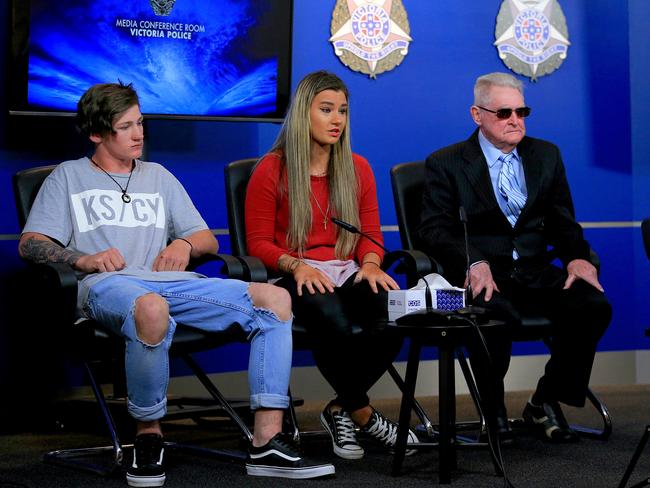 Cindy Crossthwaite’s son Nicholas, daughter Jesmine, and father Philip during a police press conference in 2017 where they announced a $1 million reward for information. Picture: Mark Stewart