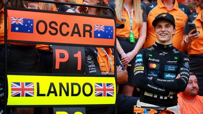 MIAMI, FLORIDA - MAY 04: Race winner Oscar Piastri of Australia and McLaren and the McLaren team celebrate during the F1 Grand Prix of Miami at Miami International Autodrome on May 04, 2025 in Miami, Florida. (Photo by Hector Vivas/Getty Images)