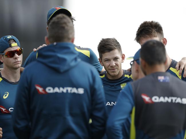 DERBY, ENGLAND - AUGUST 28: Tim Paine and Steve Smith of Australia look on during the Australia Nets Session at The County Ground on August 28, 2019 in Derby, England. (Photo by Ryan Pierse/Getty Images)