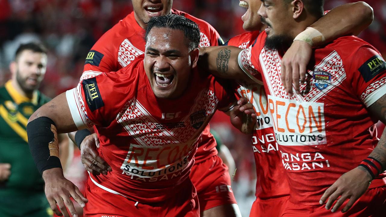 Solomone Kata celebrates a try against the Kangaroos in 2018.