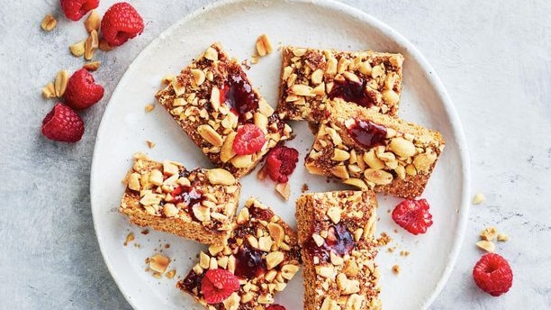 This peanut butter and jam slice combines some great flavours.