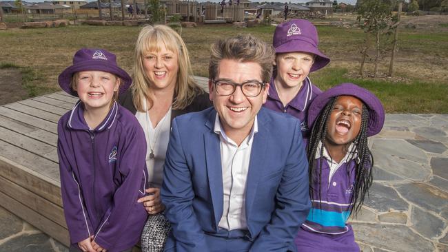 Zarlie, Principal Krystine Hocking, Josh Bull, Charlie and Sophie announced the second state of school funding. Picture: Rob Leeson.