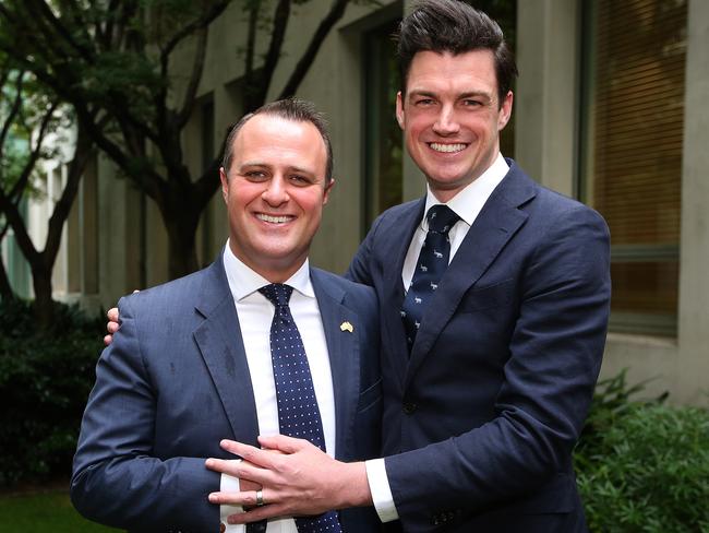 Liberal MP Tim Wilson proposed to his partner Ryan Bolger during a speech on the Marriage Amendment Bill 2017 at Parliament House in Canberra. Picture: Kym Smith