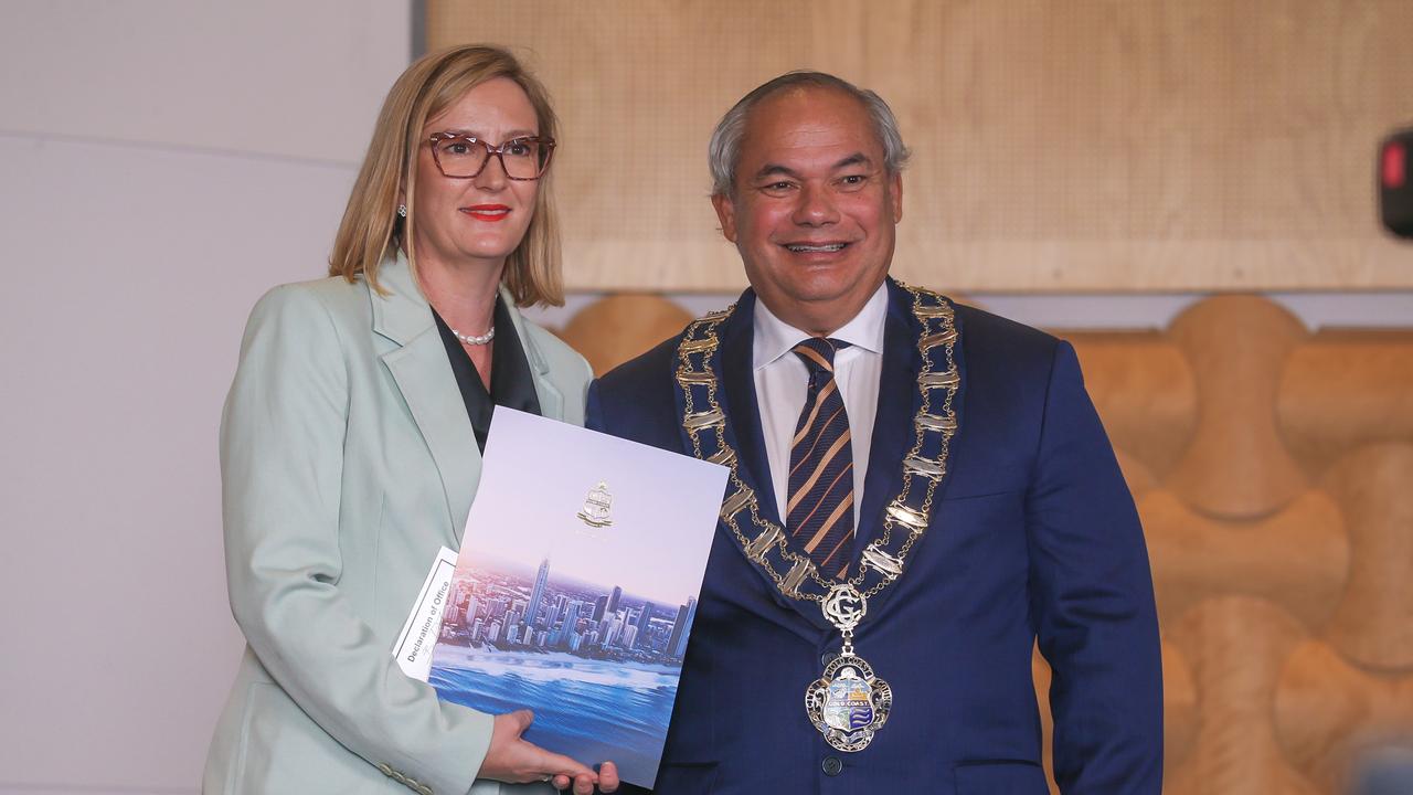 Ms Brooke Patterson is sworn in at Council Chambers in Bundall with Mayor Tom Tate beside her. The Mayor, as the “council investigator”, requested an independent investigation into complaints about the councillor. Picture: Glenn Campbell.