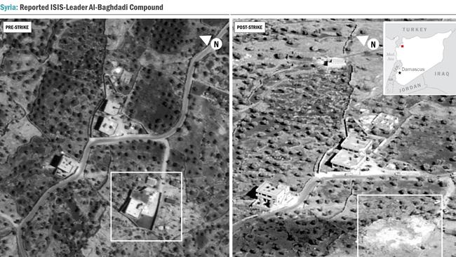 Before and after pictures of Baghdadi’s compound. Picture; US Department of Defence via AFP.