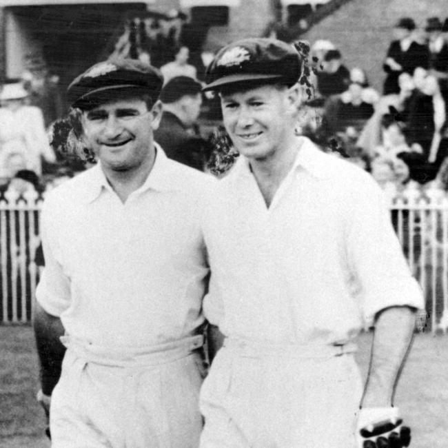 Opening batsmen Sid Barnes and Bill Brown walk out to bat in 1948.