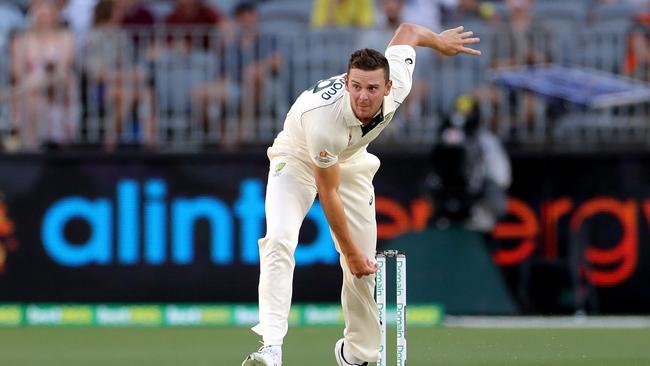 Josh Hazlewood bowls during day 2 of the first Test match between Australia and New Zealand at Optus Stadium in Perth.