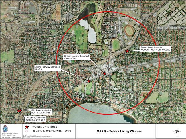 WA Police maps prepared in relation to the Claremont serial killings. Shows the locations where witnesses reported incidences of being approached at night by a Telstra vehicle.