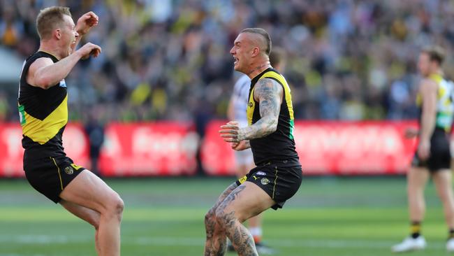 Jack Riewoldt and Dustin Martin on final siren. Picture: Alex Coppel.