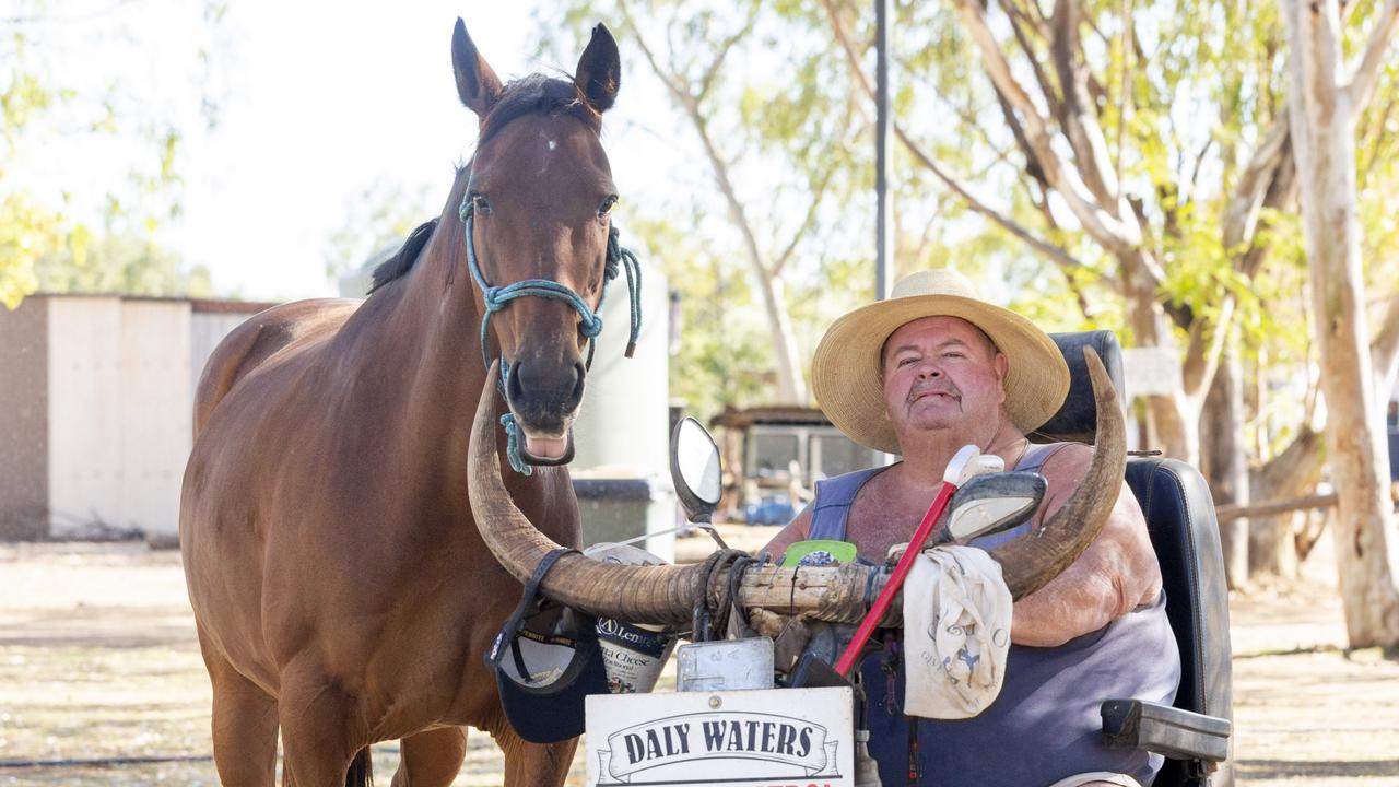 Daly Waters Pub owner Tim Carter and his horse, Polly. Mr Carter said the outdoor cinema will encourage more tourists to visit. Picture: Floss Adams.