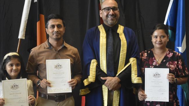 Bishnu Prasad Khanal, Subi Khanal and Subadra Thapa, from Nepal, became Australian citizens on Australia Day. Picture: Sierra Haigh