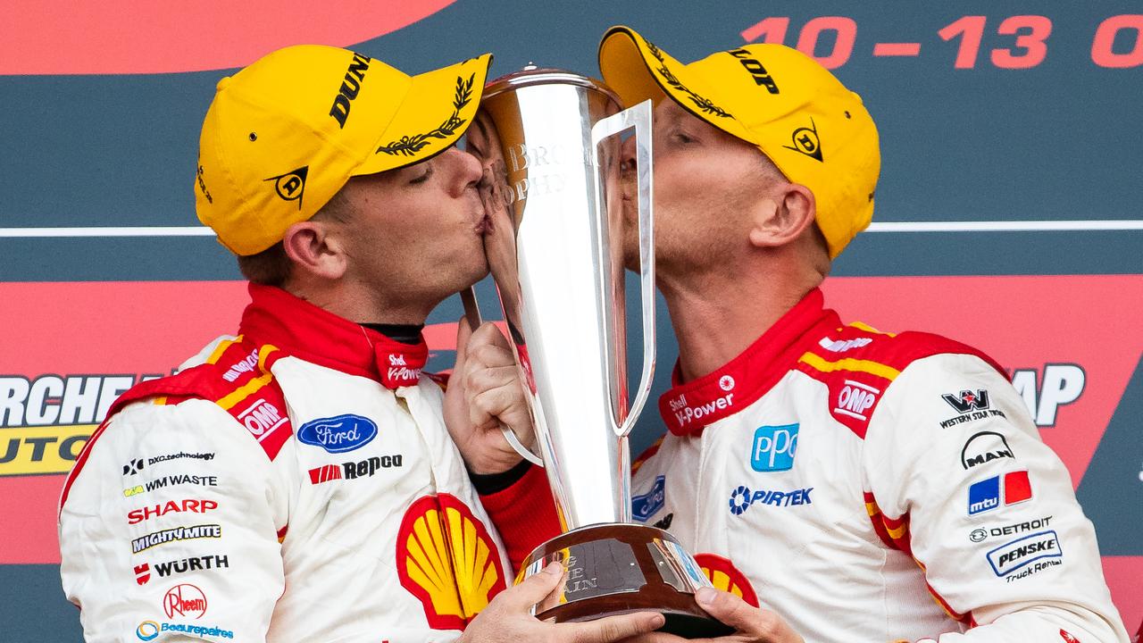 Scott McLaughlin and Alex Premat celebrate after winning the Bathurst 1000. Picture: Daniel Kalisz