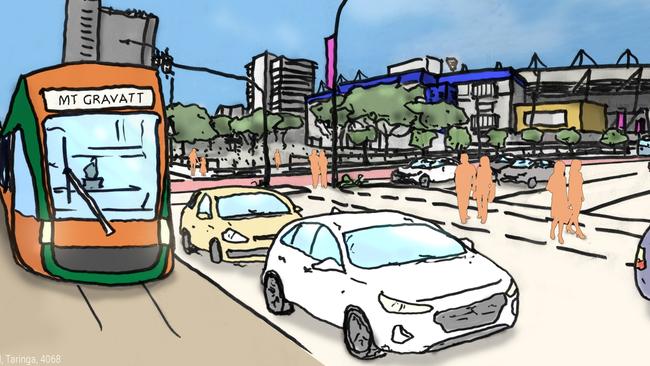 An artist’s impression of the light rail running through Woolloongabba