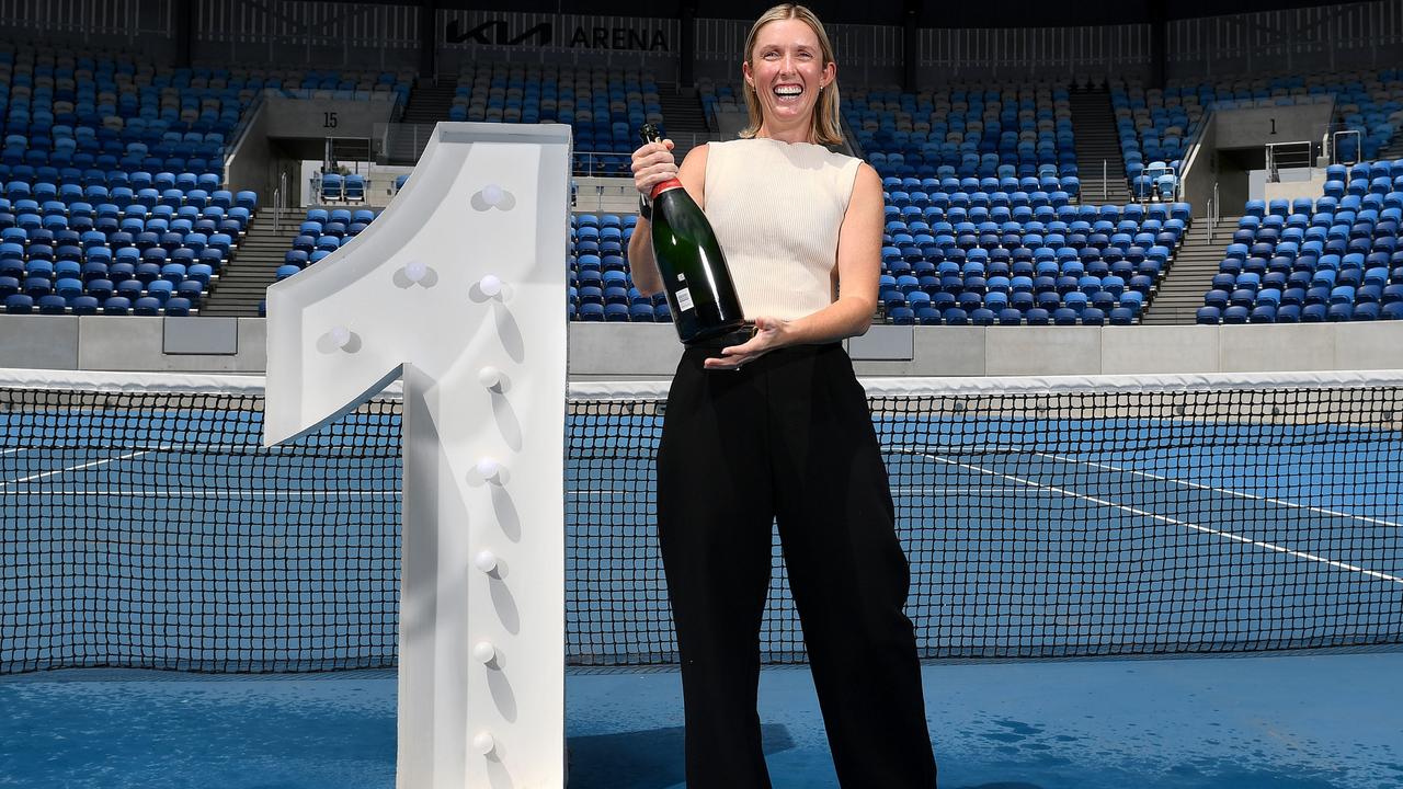 Storm Hunter (nee Sanders) celebrates her world No.1 doubles ranking at Melbourne Park on Thursday. Picture: Morgan Hancock / Getty Images