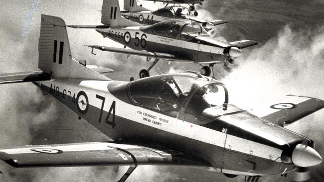 Four CT4 trainers fly over the Point Cook RAAF base in 1989.