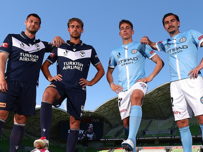 MELBOURNE, AUSTRALIA - DECEMBER 19: Brendan Hamill and Ryan Teague of the Victory and Kai Trewin and Callum Talbot of Melbourne City pose during a Melbourne Victory and Melbourne City A-League Derby media opportunity at AAMI Park on December 19, 2024 in Melbourne, Australia. (Photo by Morgan Hancock/Getty Images)