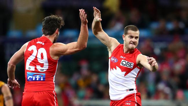 Tom Papley jumps for joy after kicking a goal for Sydney this year. Picture: Cameron Spencer/AFL Photos/via Getty Images.