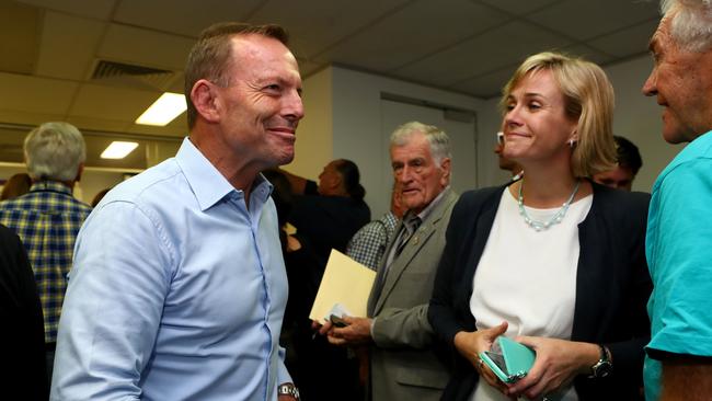 Tony Abbott greets independent candidate Zali Steggall at the Warringah ballot draw. Picture: Hollie Adams