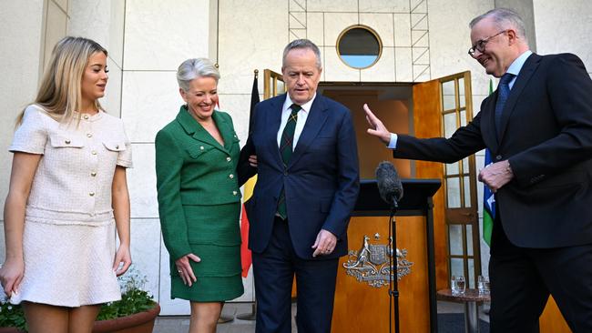 Bill Shorten, with wife Chloe, daughter Clementine and Prime Minister Anthony Albanese, at Parliament House after announcing he will quit politics. Picture: AAP