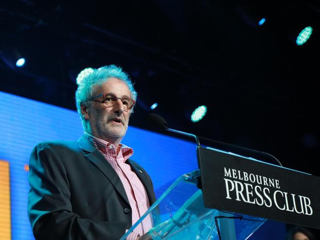 Jon Faine engages the room in 2023 while accepting the Melbourne Press Club's lifetime achievement award.