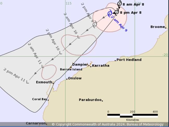 Tropical Cyclone Olga was weakening over open waters north of the Pilbara region in Western Australia. Picture: BOM