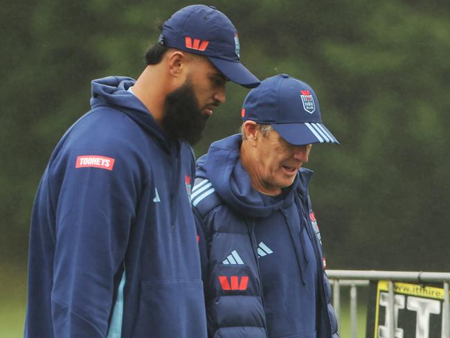 The Daily Telegraph Payne Haas and Craig Bellamy,  Westpac NSW Blues training Blue Mountains Grammar School, Wentworth Falls . Picture: Rohan Kelly