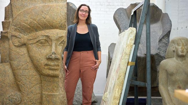 The British Museum’s Marie Vandenbeusch, pictured with the Hathor Capital. Vandenbeusch will curate Pharaoh at the National Gallery of Victoria, opening on June 14. Picture: Josh Caius