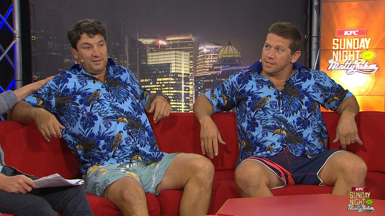 Nathan Hindmarsh and Bryan Fletcher look exhausted after exiting the Fox League bubble.