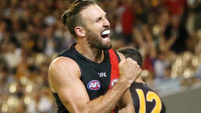 Cale Hooker celebrates a goal in his return match. Picture: George Salpigtidis