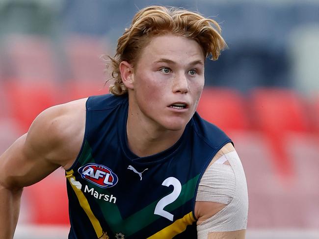 MELBOURNE, AUSTRALIA - APRIL 13: Levi Ashcroft of the AFL Academy in action during the 2024 AFL Academy match between the Marsh AFL National Academy Boys and Coburg Lions at Ikon Park on April 13, 2024 in Melbourne, Australia. (Photo by Michael Willson/AFL Photos via Getty Images)