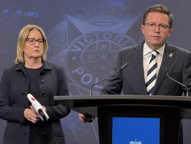 Premier Jacinta Allan and Minister for Police Anthony Carbines announced Australia’s first-ever machete ban. Picture: Anthony Lucas