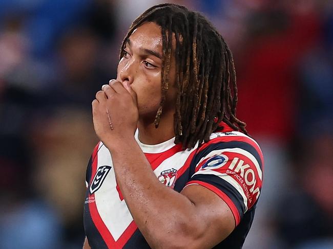 SYDNEY, AUSTRALIA - APRIL 19: Dominic Young of the Roosters reacts after losing the round seven NRL match between Sydney Roosters and Penrith Panthers at Allianz Stadium, on April 19, 2025, in Sydney, Australia. (Photo by Cameron Spencer/Getty Images)