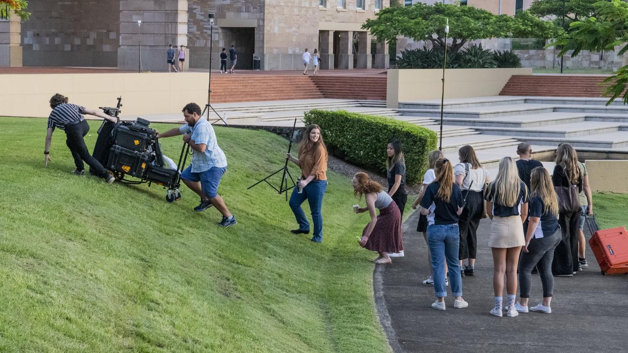 Sunrise weatherman Sam Mac with students at Bond University. Picture: Cavan Flynn/Bond University.