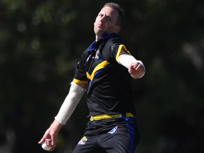 Luke Davis of St Bernard's bowls during the VSDCA Cricket match between Brunswick and St Bernard's at A.G Gillon Oval in Brunswick, Saturday, February 29, 2020. (Photo/Julian Smith)