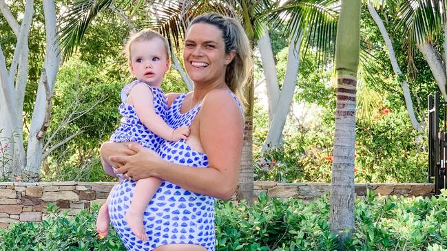 Tiffany Wood, pictured with daughter Matilda, has created a matching mums and bubs Honey and Tiny swimwear line in the Queensland hub.