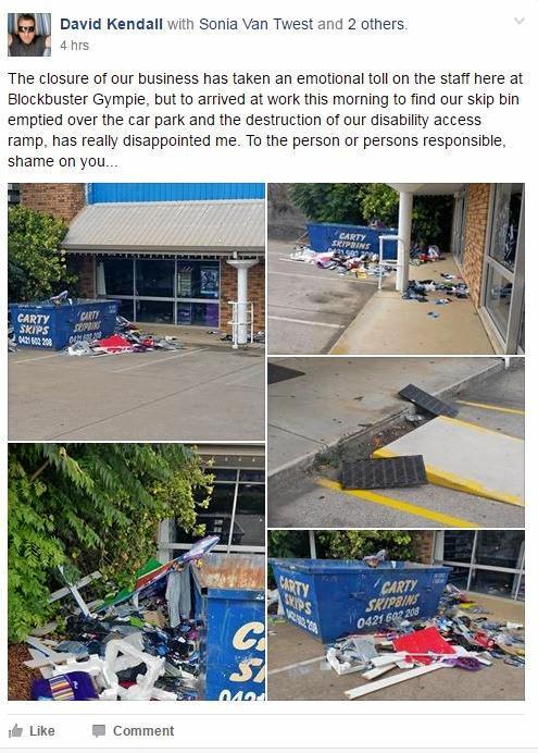 David Kendall was disappointed to find the front of the Blockbuster Gympie store that he manages scattered with rubbish. Picture: Contributed