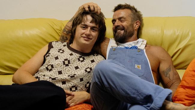 Finojet Rudd with father Xavier backstage at the Night at The Barracks concert in Manly. Picture: Mikey Conlon