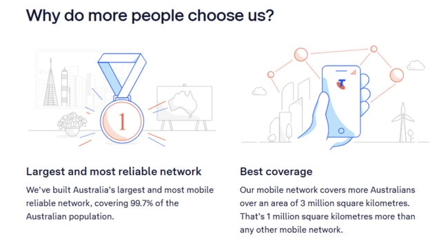 A screenshot of Telstra's website from April 16, featuring 3 million square kilometre claim.