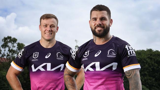 Broncos Billy Walters and Adam Reynolds wearing the new City jersey, Red Hill. Picture: Liam Kidston