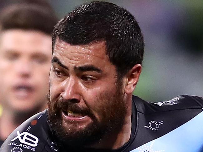 CANBERRA, AUSTRALIAN CAPITAL TERRITORY - MAY 13:  Andrew Fifita of the Sharks runs the ball during the round 10 NRL match between the Canberra Raiders and the Cronulla Sharks at GIO Stadium on May 13, 2018 in Canberra, Australia.  (Photo by Mark Kolbe/Getty Images)