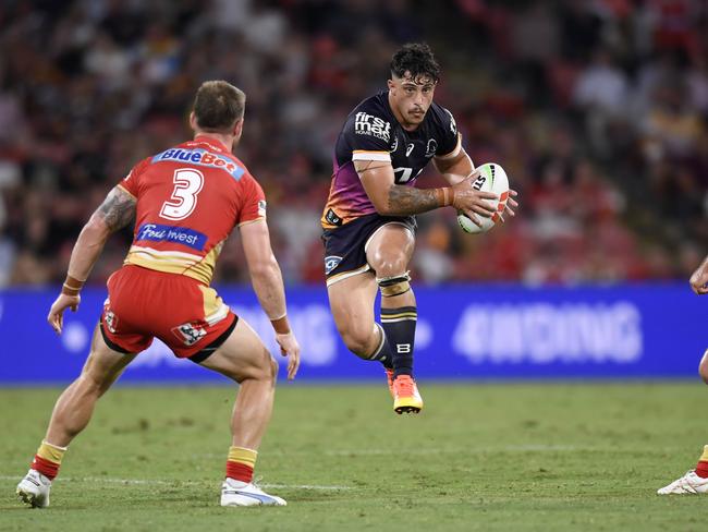 Kotoni Staggs on the attack for Brisbane against the Dolphins. Picture: NRL Imagery