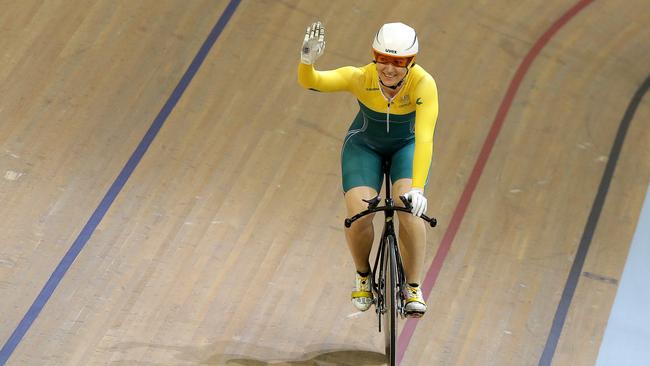 Anna Meares celebrates her win in the 500m time trial.