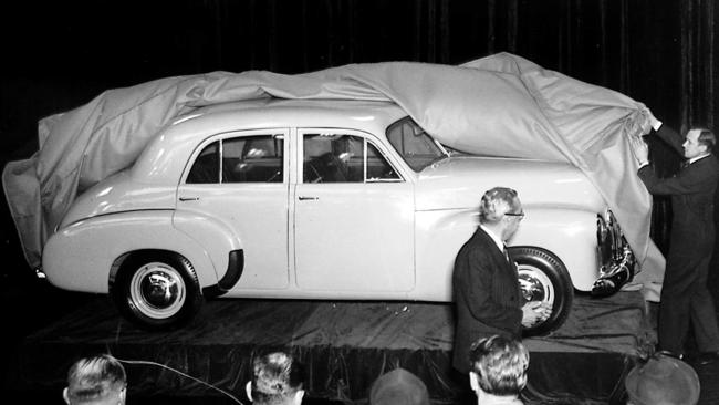 Unveiling the Holden 48-215 (later commonly called FX) sedan in Melbourne.