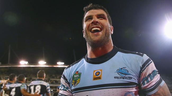 Michael Ennis celebrates at the end of Cronulla’s win over the Raiders.
