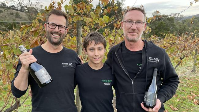 The Steels Gate Wines crew: Matt Davis, Sebastian Atkins-Davis and Brad Atkins at one of their two Yarra Glen vineyards Picture: Athos Sirianos
