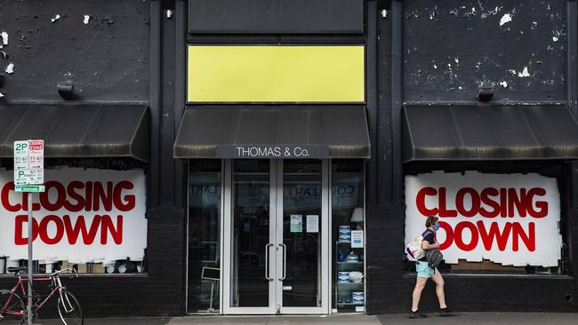 Closing-down signs on Brunswick St in Fitzroy. Picture: NCA NewsWire/Sarah Matray